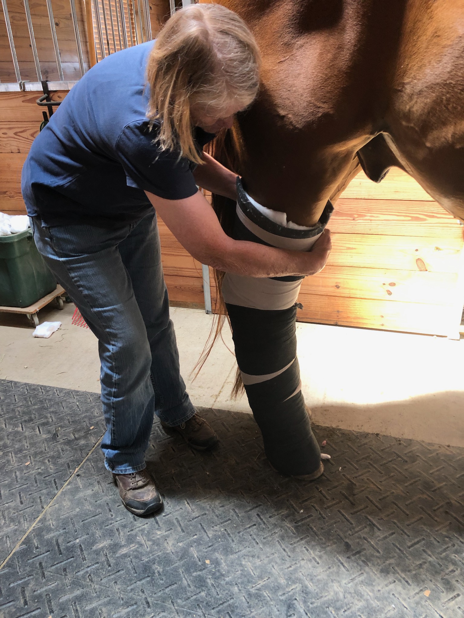 Peggy applying wrap on Flynn